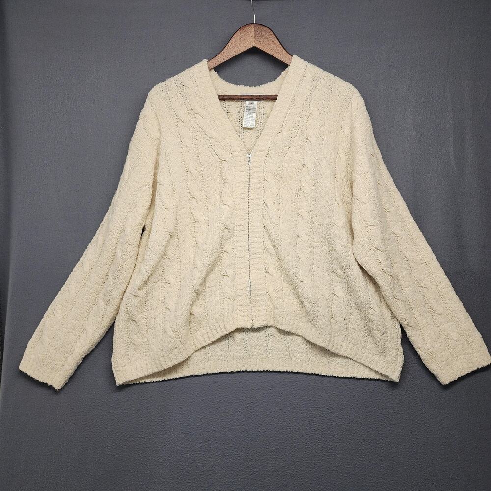 Jones & Co Cardigan Sweater Womens Small Ivory Hand Knit Cable Zip Front Wool